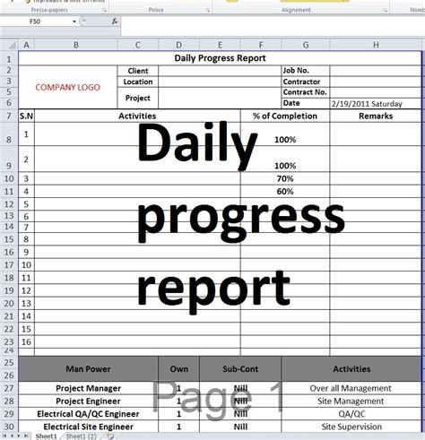 construction daily progress report template excel
